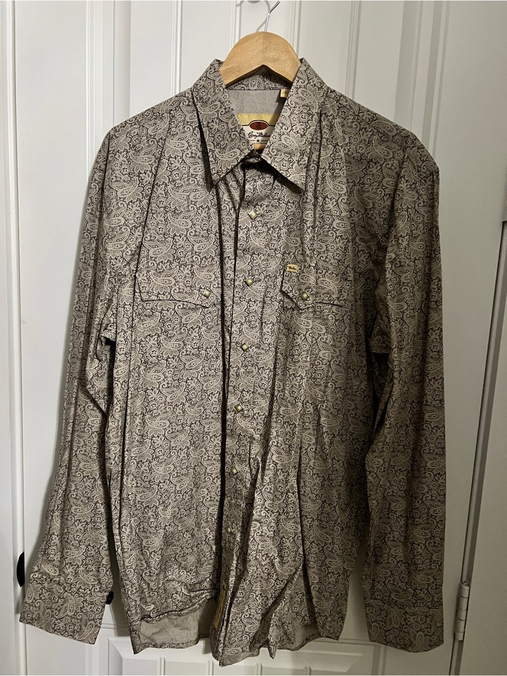 Larry Mahan Western Paisley-Print Long-Sleeve Pearl Snap Shirt, XL, Brown/Tan